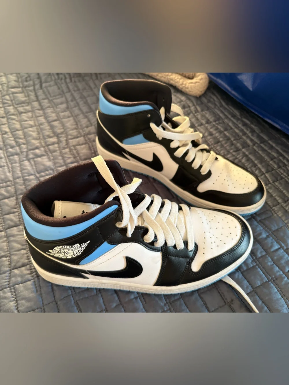 Jordan High-Top Sneakers in White, Black & Light Blue